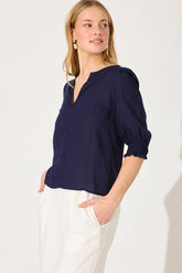 Navy Cotton Linen Top by Tiana